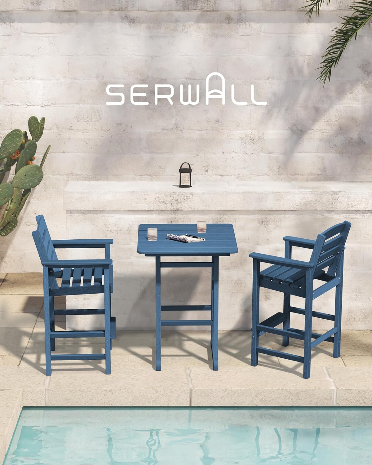 SERWALL 3-Piece Adirondack Bar Height Chair And Table Set, Blue