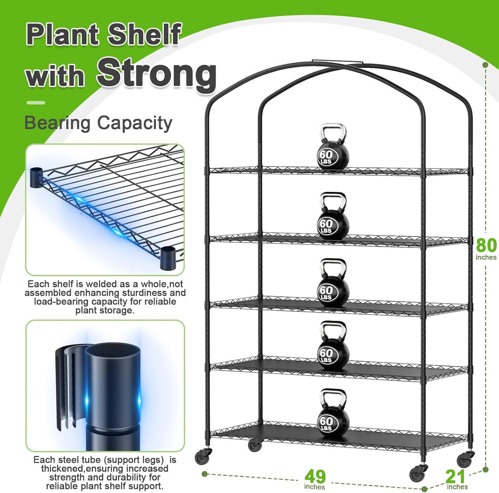 Abimars 5-Tier Greenhouse With PVC Cover, Wheels And 5-Pack 2900K Full Spectrum Plant Lights, 21x49x80inch