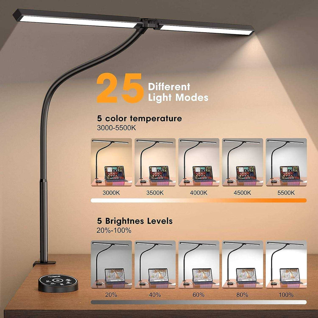 Pzloz LED Desk Lamp - Foldable Swing Arm, Adjustable Double Lamp Heads