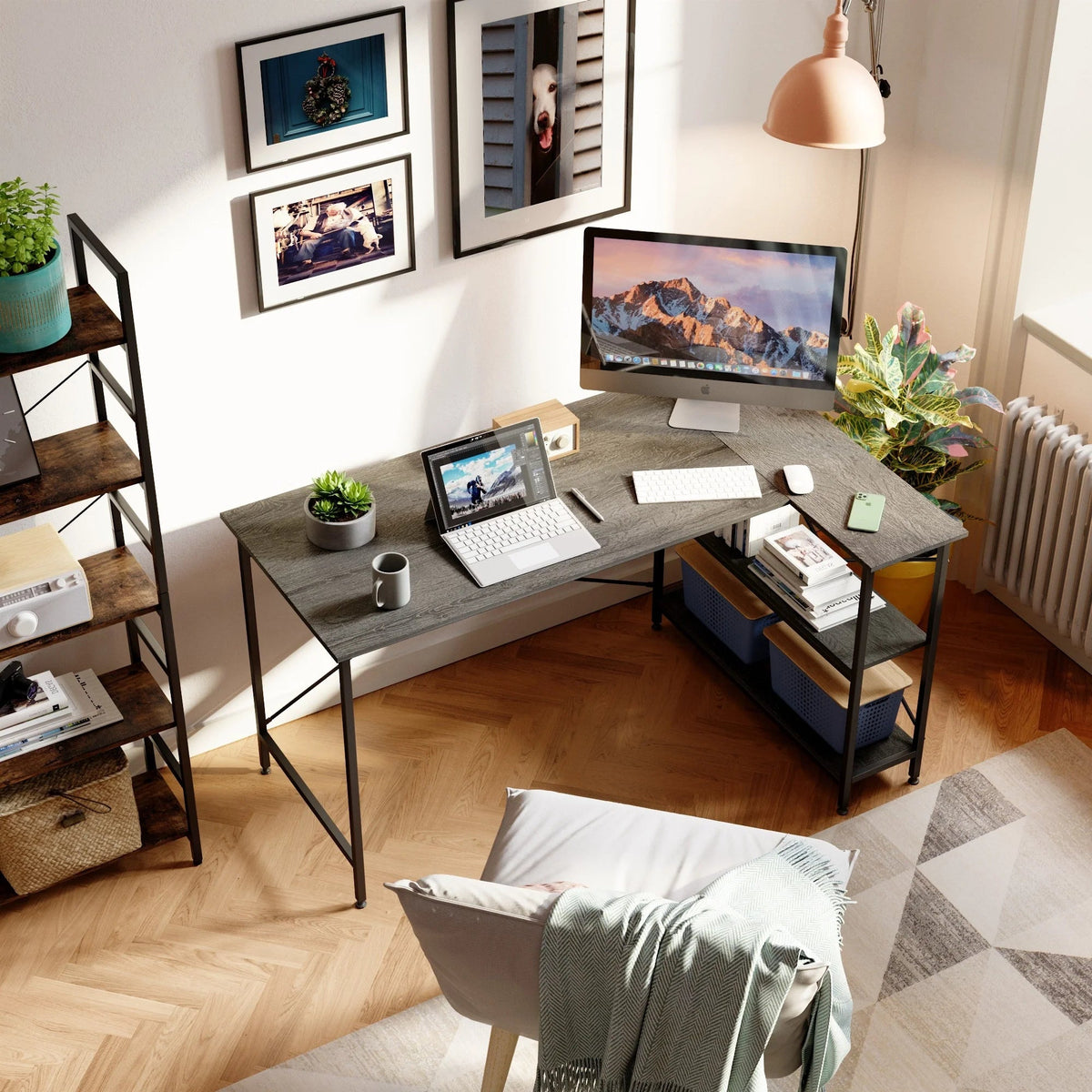 Small L-Shaped Computer Desk With Reversible Storage Shelves - 55-Inch / 47-Inch