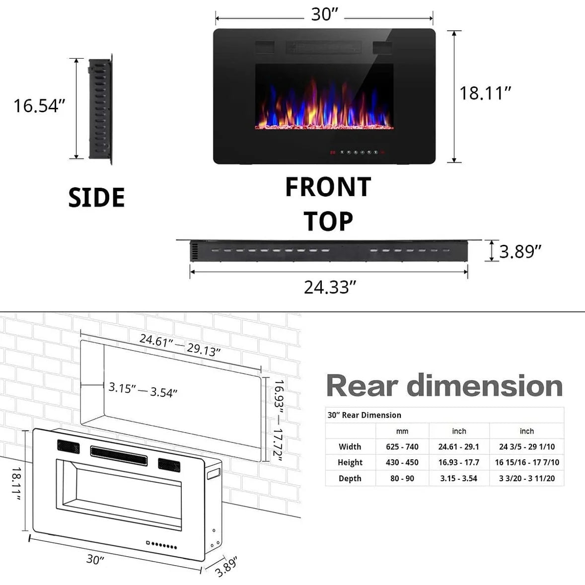 R.W.FLAME Recessed Electric Fireplace Heater, 30-inch, 750-1500W