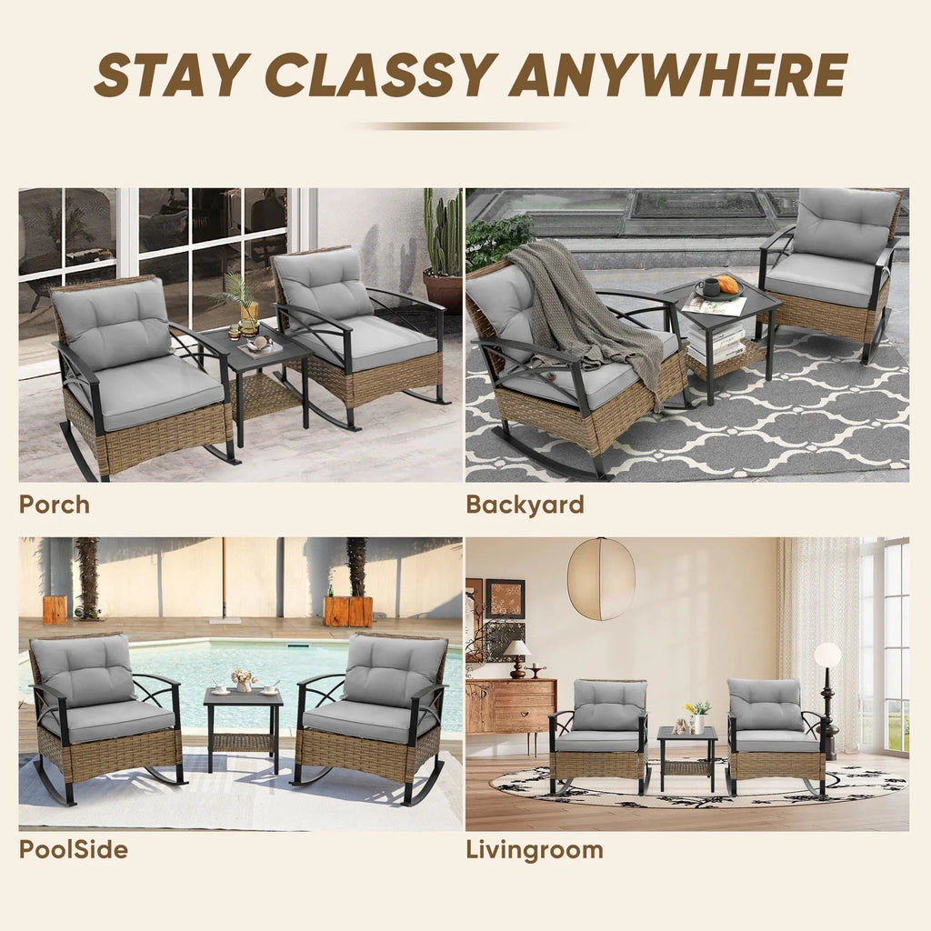 Seizeen 3-Piece Patio Conversation Set With Rocking Chairs And 2-Tier Coffee Table
