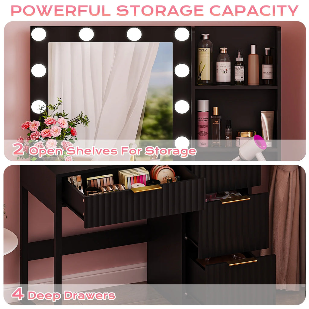 Ktaxon Vanity Makeup Table With Stool, 3-Color Lighted Mirror, 3 Shelves, Drawers, White - 35.43 x 15.55 x 29.53-53.27 in
