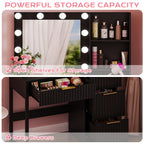 Ktaxon Vanity Makeup Table With Stool, 3-Color Lighted Mirror, 3 Shelves, Drawers, White - 35.43 x 15.55 x 29.53-53.27 in