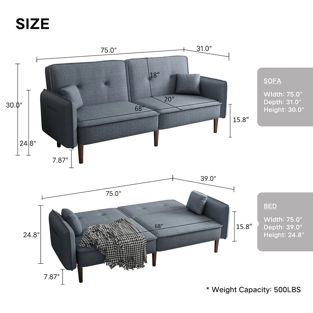 Modern Grey Fabric Futon Sofa Bed With Solid Wood Legs And Accent Pillows