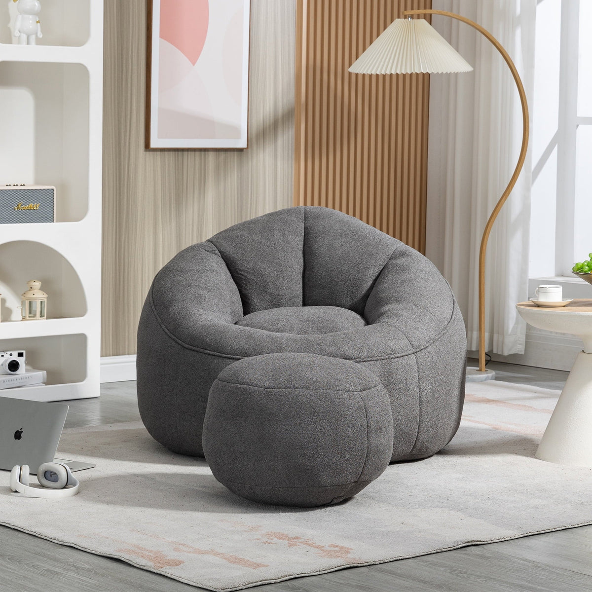 MOONMISS Microfiber Upholstered Round Bean Bag Sofa Chair With Ottoman - Gray