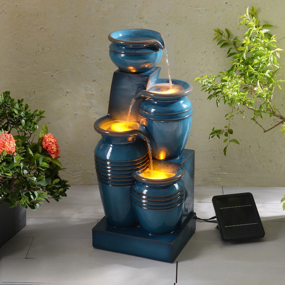 Teamson Home 28.74 in Solar 4-Tier Cascading Bowl Water Fountain With LED Lights - Navy