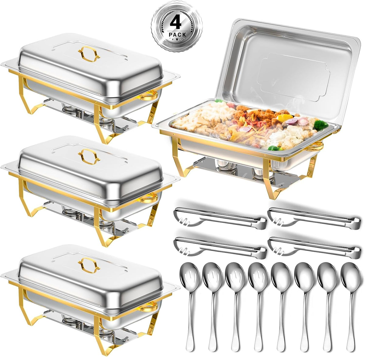 Chafing Dish Buffet Set, 8 Qt, 4 Pack, Full Size Pan, Half Gold