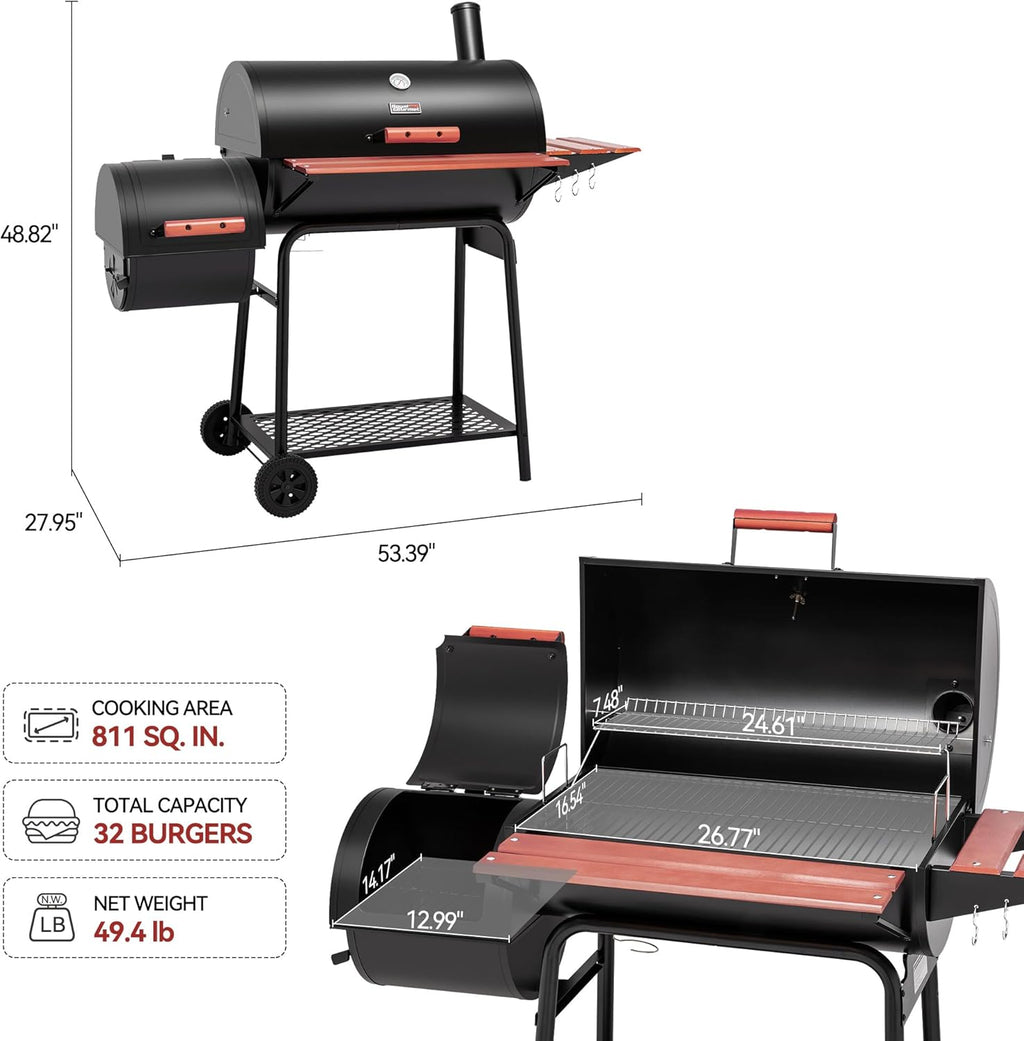Royal Gourmet Charcoal Grill With Offset Smoker, 30-Inch, 811 Sq. In. - CC1830W
