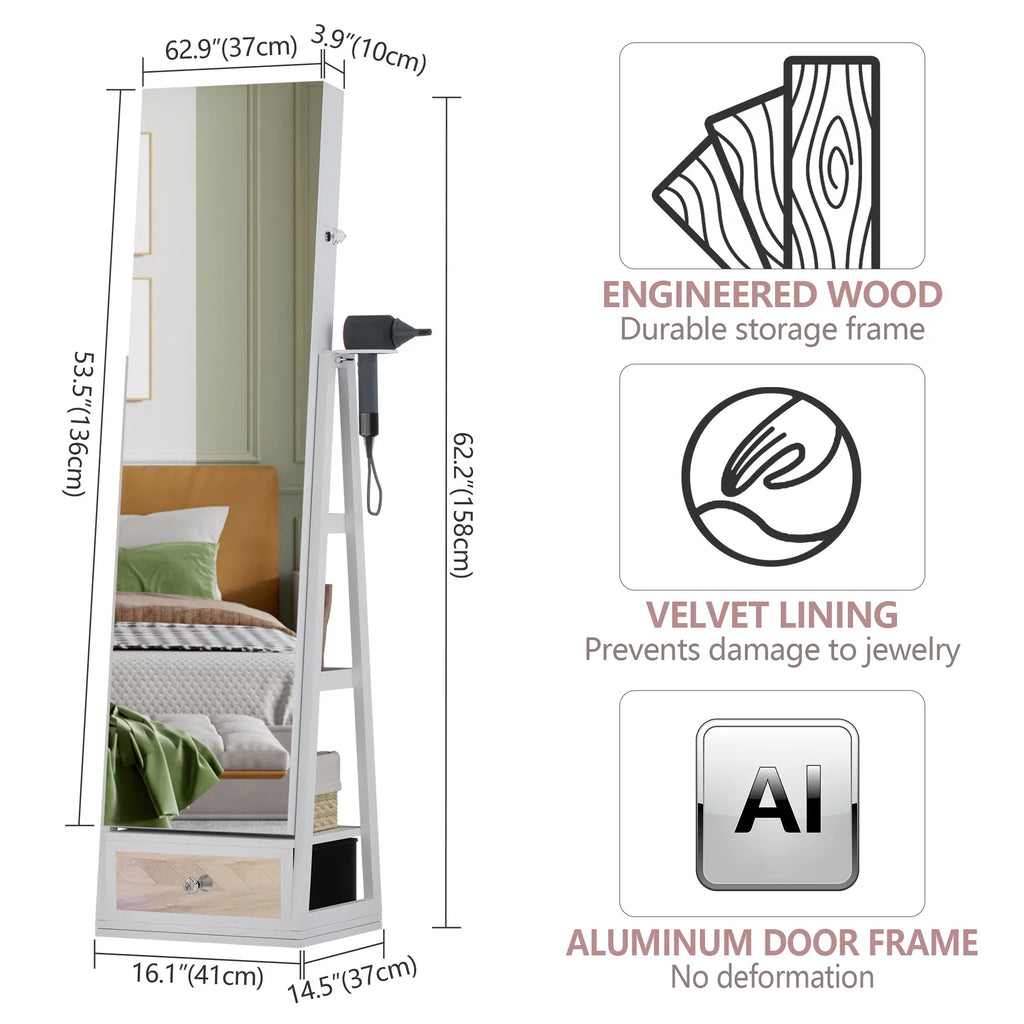 LVSOMT 360 Swivel Jewelry Cabinet With Lights, 53.5 x 14.5 in Full-Length Mirror, White