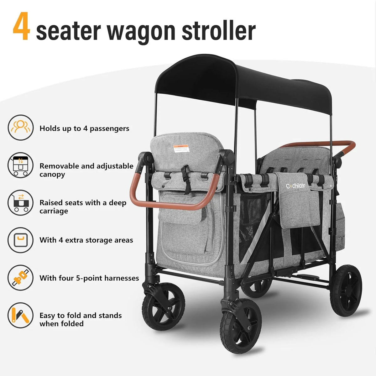 Cochildor 4 Seater All-Terrain Wagon Stroller, 300 lb Capacity, Light Grey - ST4N