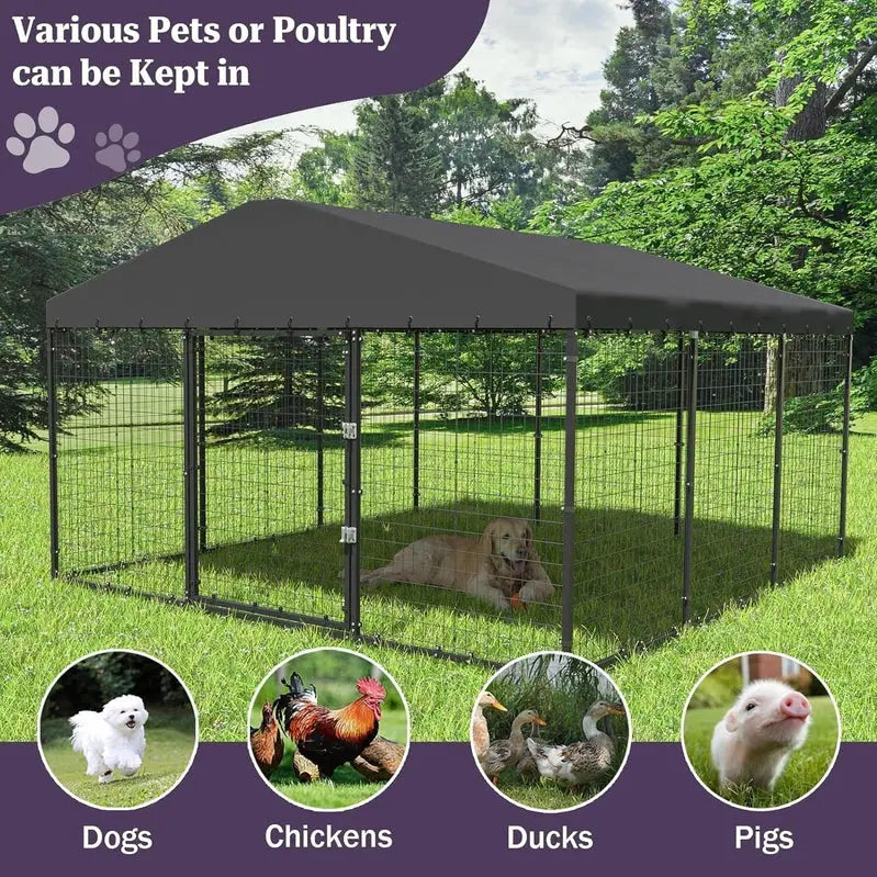 Kullavik Extra-Large Outdoor Dog Kennel, 118 in x 118 in, Heavy-Duty Metal/Steel Enclosure With Waterproof Roof - Black