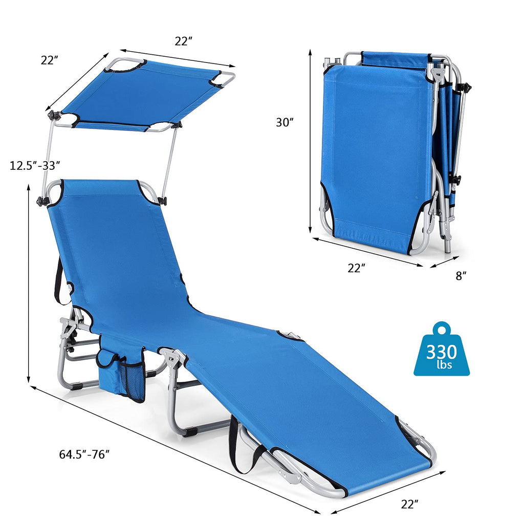 Folding Lounge Chair with Canopy, Storage Pocket, and 5 Adjustable Positions