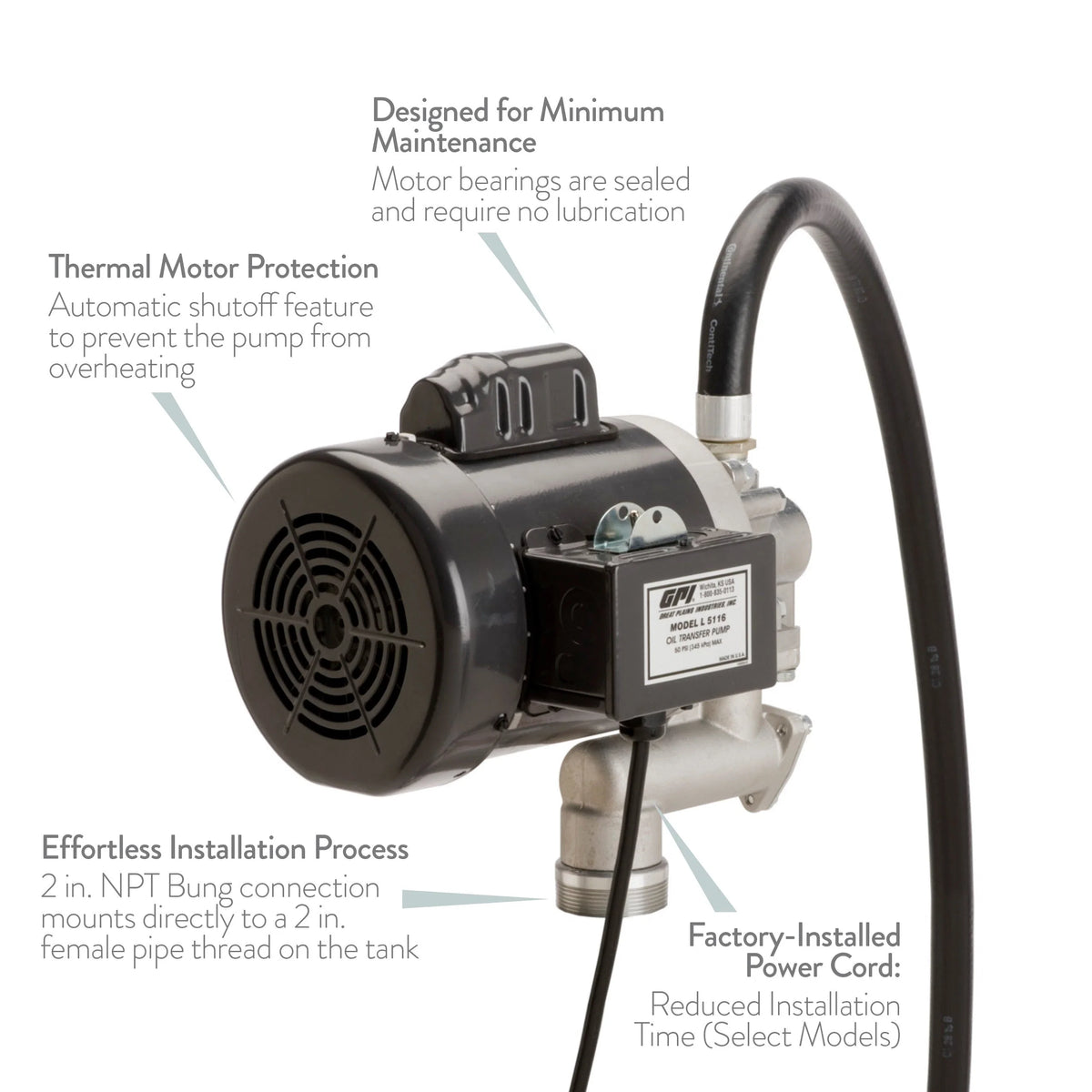 GPI High Viscosity Oil Transfer Pump, 16 QPM, 115V/230AC, 0.75 in Ball Valve, 8 Foot Hose - L5116 142100-01