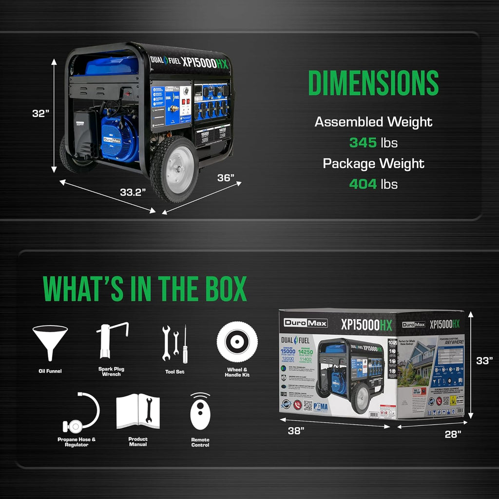 DuroMax Dual Fuel Portable Generator, 15 000-Watt, Gasoline and Propane, Remote Electric Start - XP15000HX