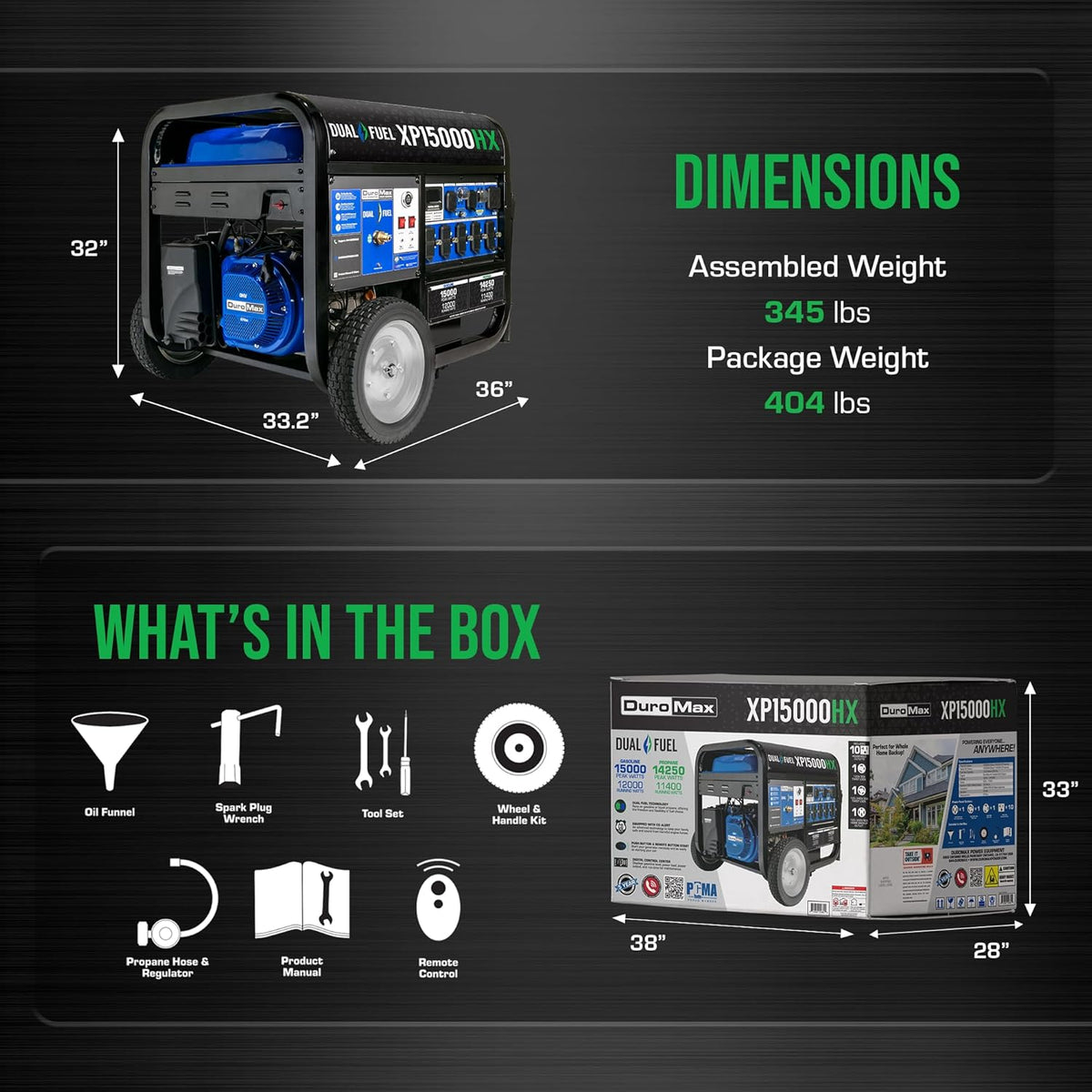 DuroMax Dual Fuel Portable Generator, 15 000-Watt, Gasoline and Propane, Remote Electric Start - XP15000HX