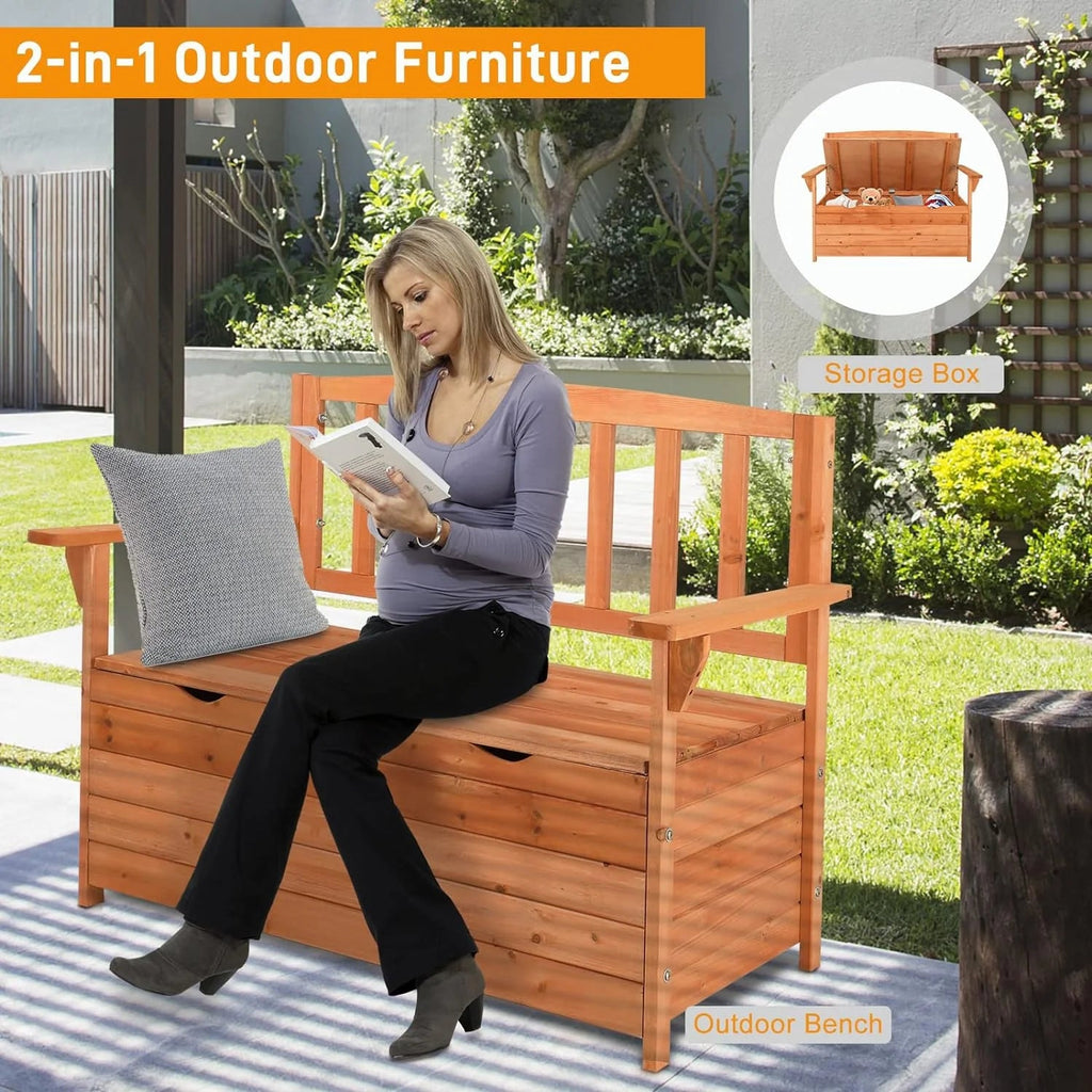 Outvita Outdoor Wood Storage Bench Loveseat With Armrests - 2 Person