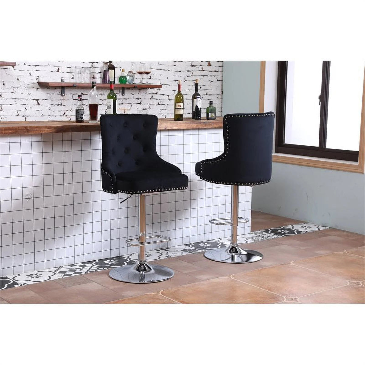 Alexent 2-Piece Swivel Bar Stools, Dark Blue, 43.7-51.6 H, 19.3 W x 18.1 D - Silver Footrest