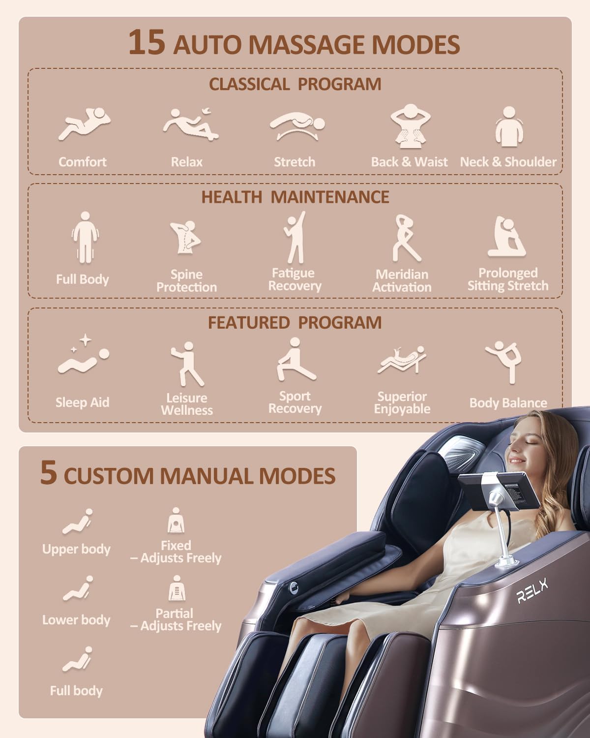 RELX Full Body Massage Chair, 20 Modes, 53-inch SL-Track, Brown