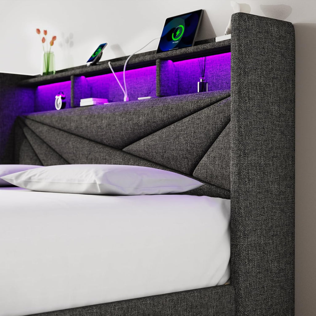 King Size Upholstered Bed Frame With 4 Storage Drawers, Charging Station And LED Headboard - Dark Grey