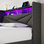 King Size Upholstered Bed Frame With 4 Storage Drawers, Charging Station And LED Headboard - Dark Grey