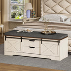 Farmhouse Shoe Storage Bench With Cushion, 31.4in, Metal Barn Door, Old White