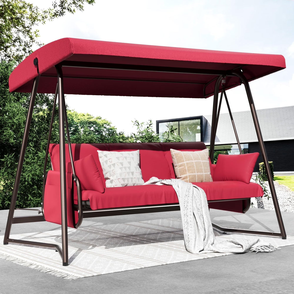 TQKVIPI 4 Person Outdoor Porch Swing Bed With Adjustable Backrest Canopy - 800 lbs Capacity