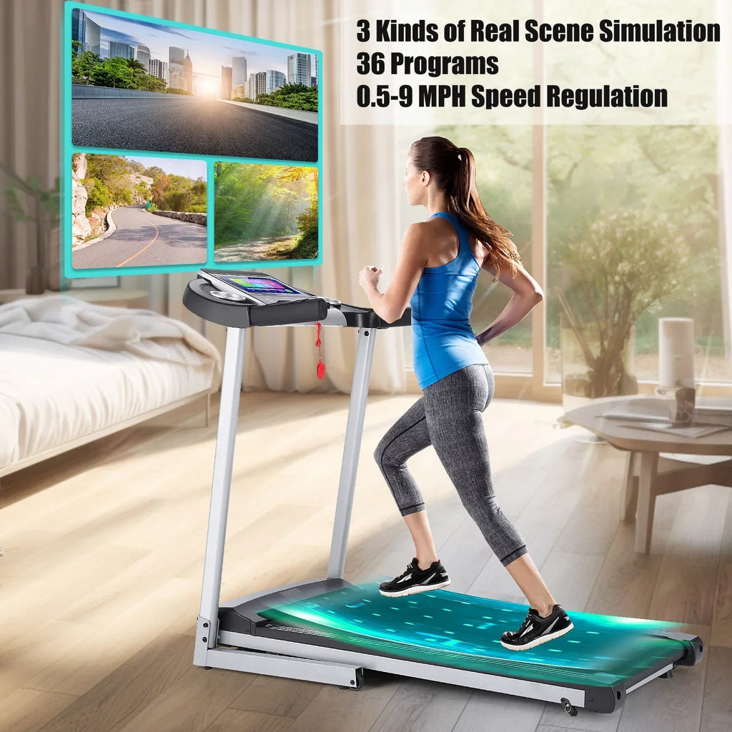 Folding Treadmill With 10 in HD Touchscreen, 3.25HP, 0.5-9MPH, WiFi - Silver