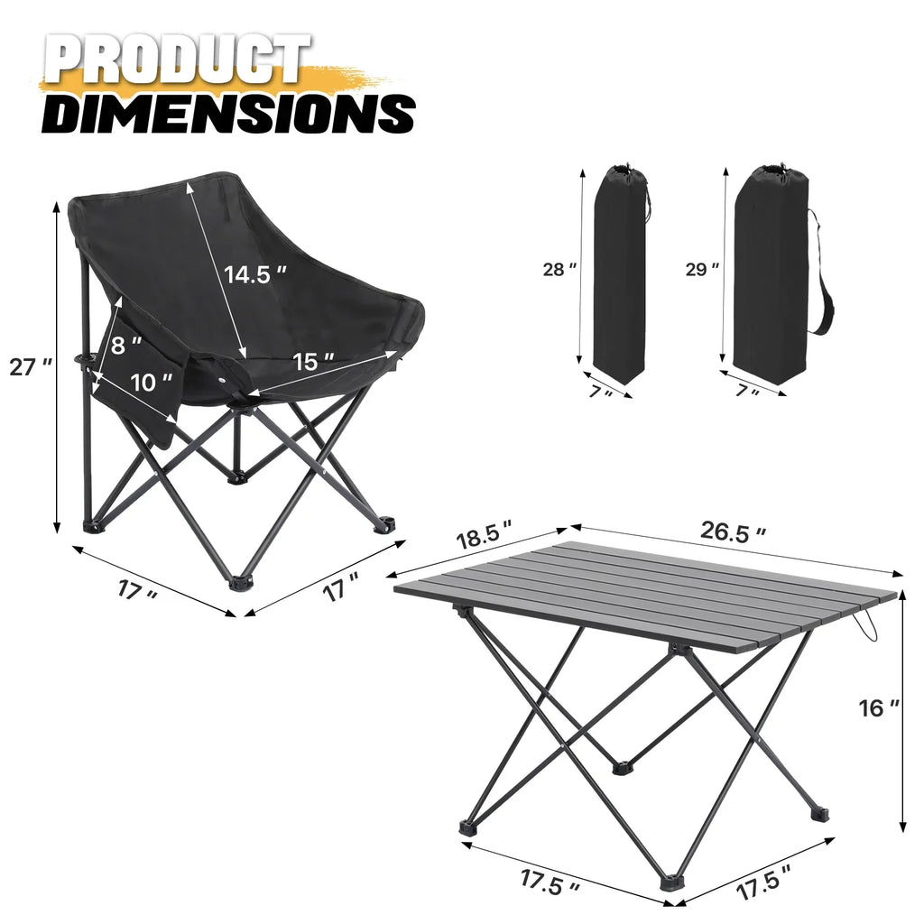 MADOG 3-Piece Folding Camping Table And Chairs Set, Black, Table 26.5 x 18.5 x 16.0 in, Chair 17.0 x 17.0 x 27.0 in