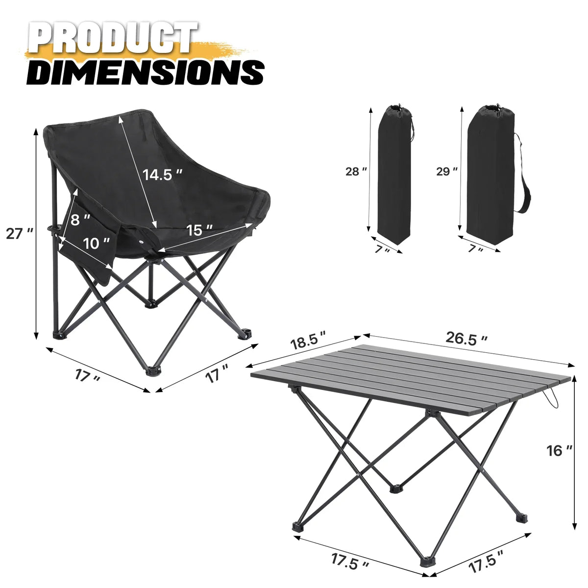 MADOG 3-Piece Folding Camping Table And Chairs Set, Black, Table 26.5 x 18.5 x 16.0 in, Chair 17.0 x 17.0 x 27.0 in