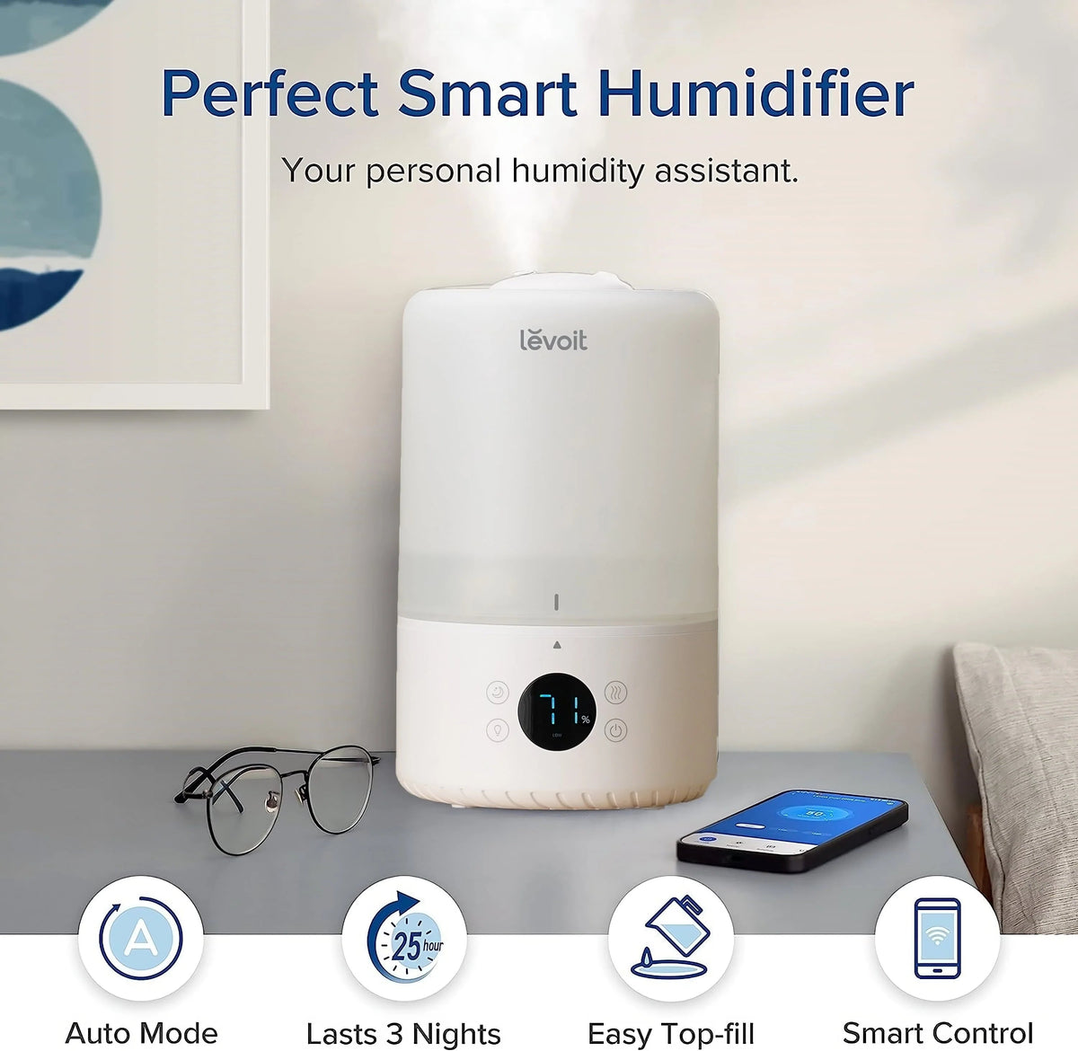 Levoit Smart Cool Mist Top-Fill Humidifier, 3 Liter, White - Dual 200S