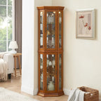Corner Curio Display Cabinet With Lights, Mirrored Back And 6 Tempered Glass Shelves