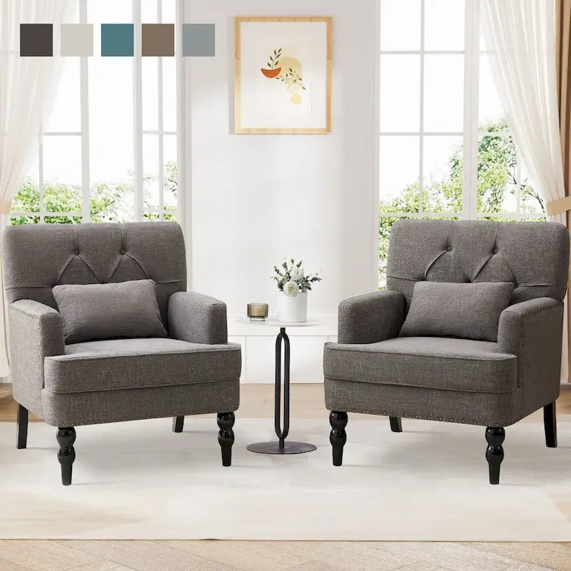 Set Of 2 Upholstered Button-Tufted Accent Chairs With Lumbar Pillows - 30 x 29 x 35 inches