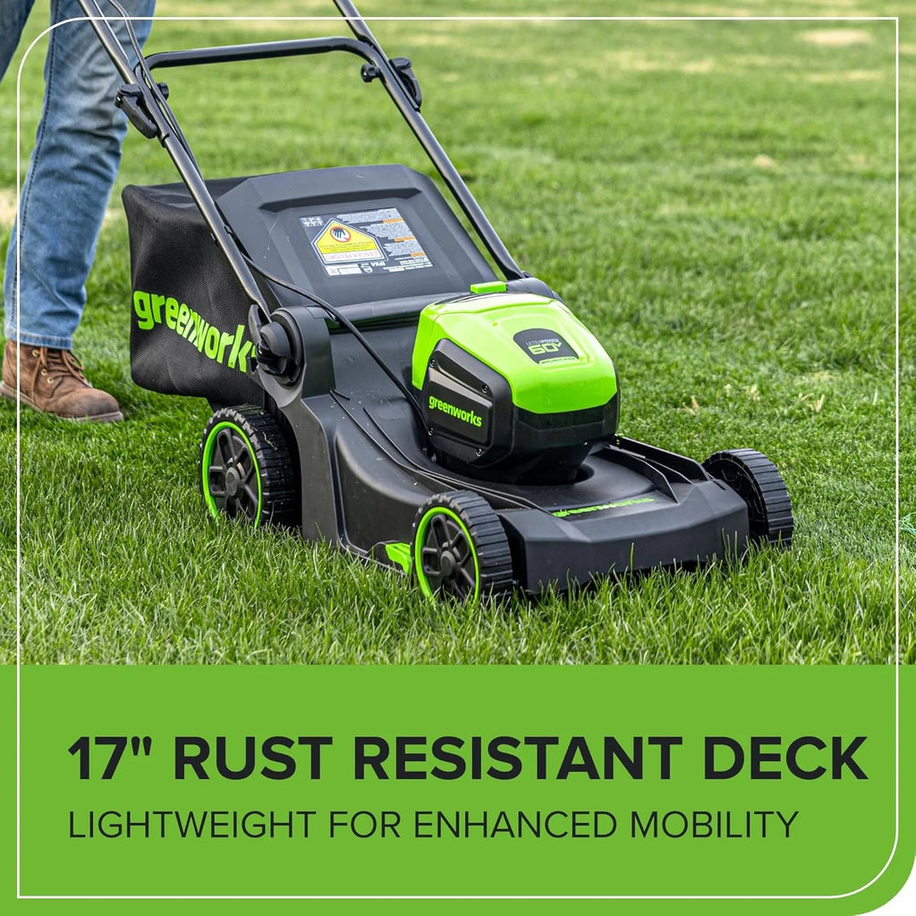 Greenworks 60V 17 inch Brushless Push Lawn Mower And 13 inch String Trimmer Combo With 4.0Ah Battery And 3A Charger
