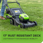 Greenworks 60V 17 inch Brushless Push Lawn Mower And 13 inch String Trimmer Combo With 4.0Ah Battery And 3A Charger