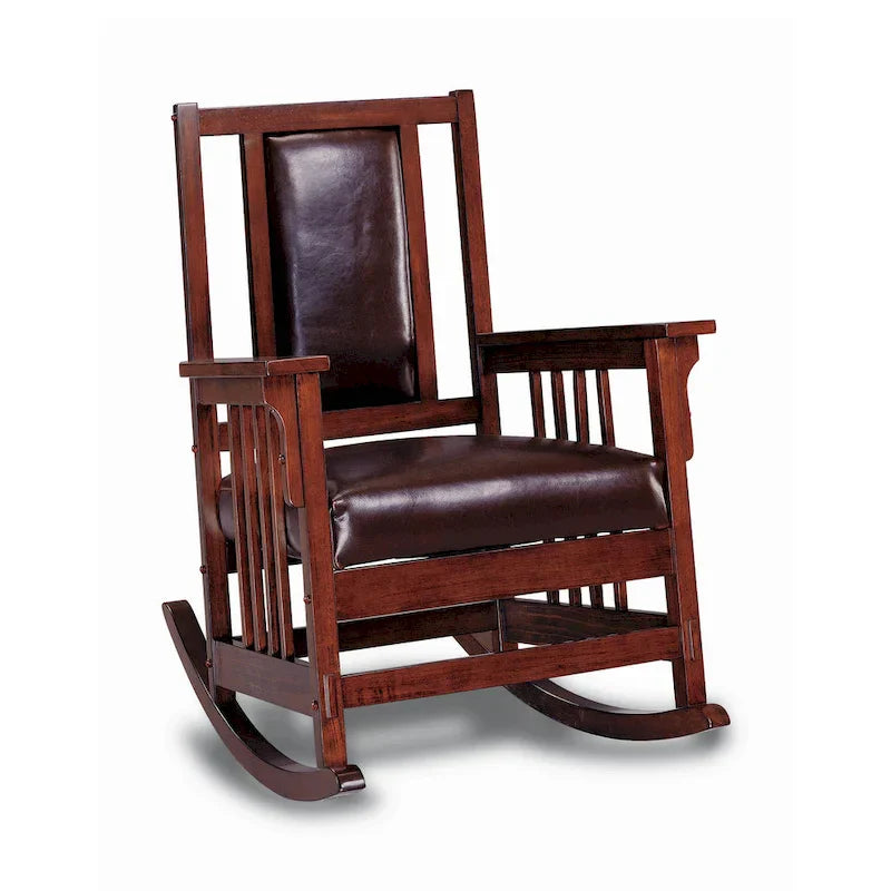 Mission Style Rocking Chair With Leather Upholstered Seat And Back - Tobacco And Dark Brown
