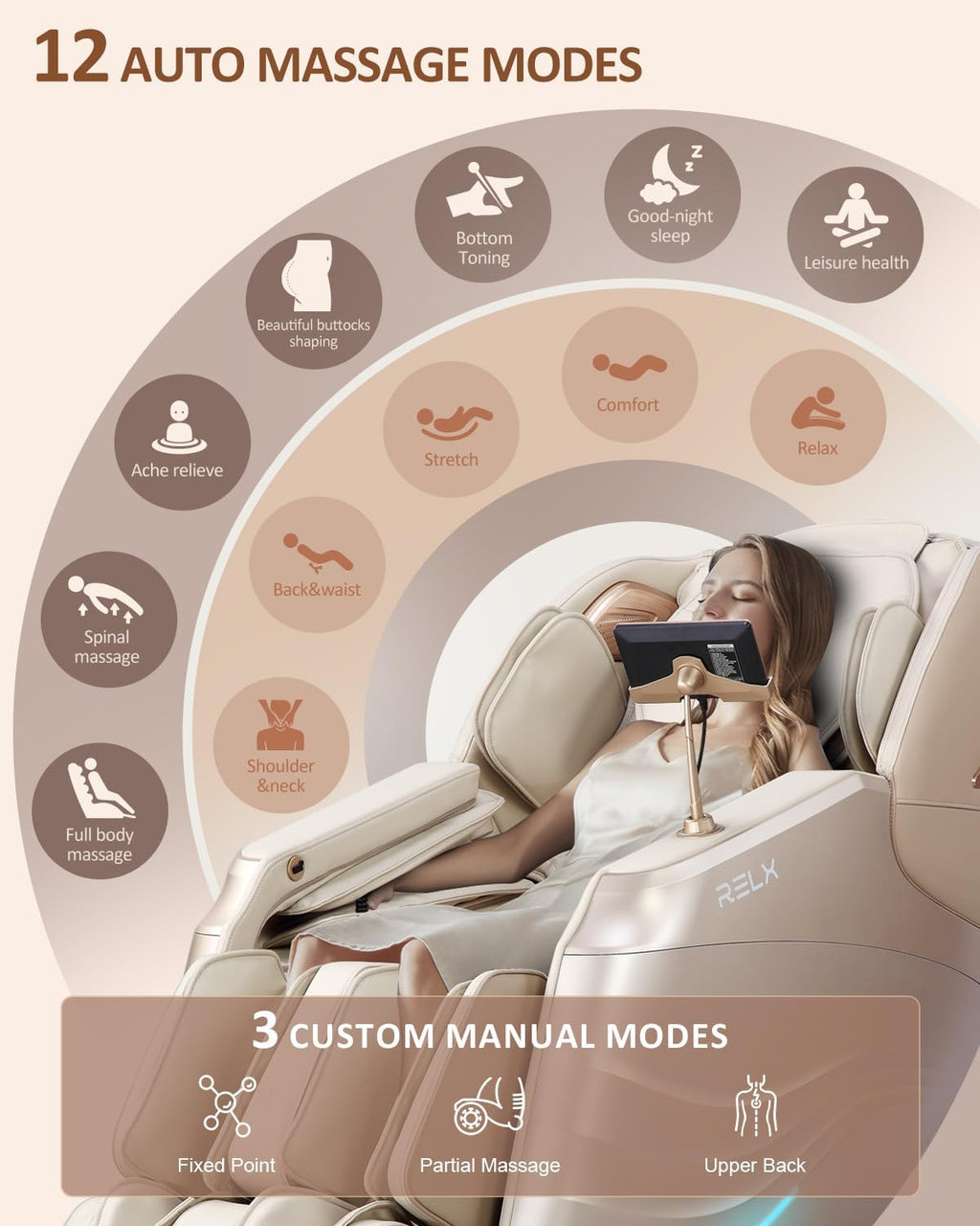 RELX Full Body Zero Gravity SL-Track Shiatsu Massage Chair, Cream