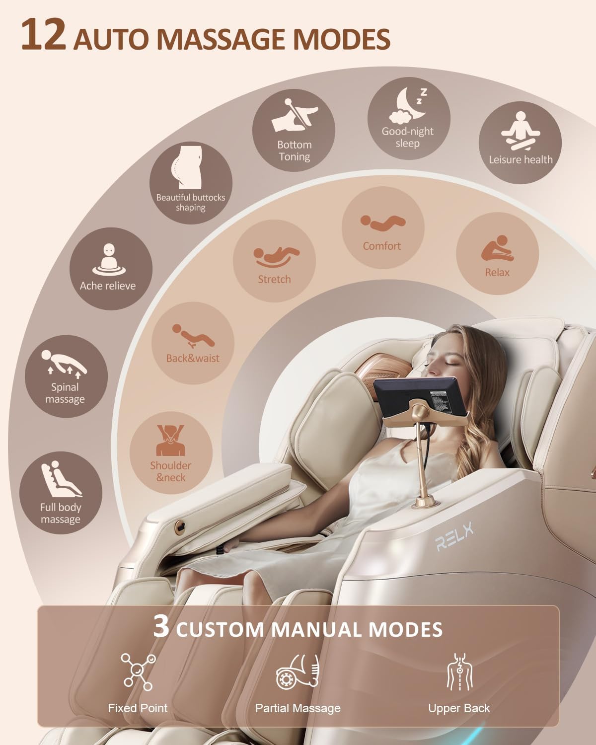 RELX Full Body Zero Gravity SL-Track Shiatsu Massage Chair, Cream