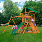 DIY Wooden Outdoor Playset With Tarp Roof, Rock Wall, Wave Slide, 3 Swings - Outing III