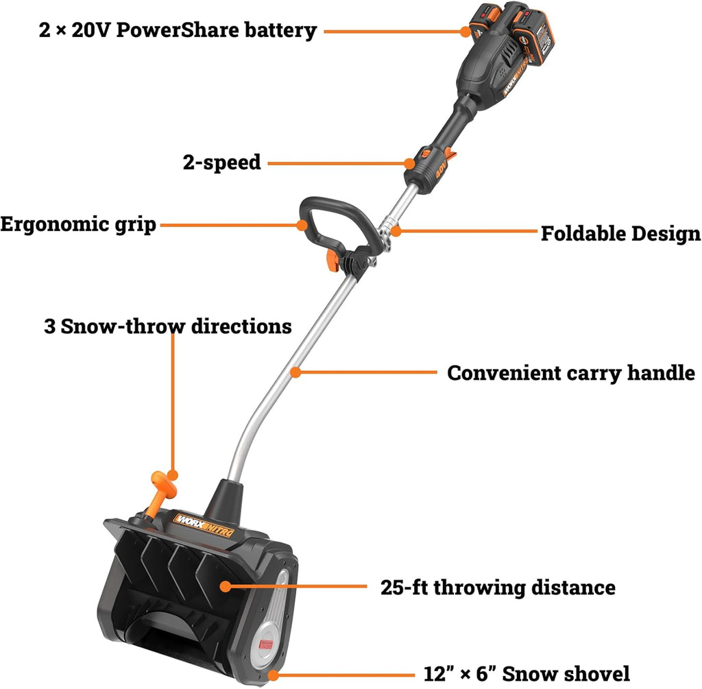 WORX Nitro 40V 12in Cordless Snow Shovel With 2 x 4.0 Ah Batteries And Charger - WG460