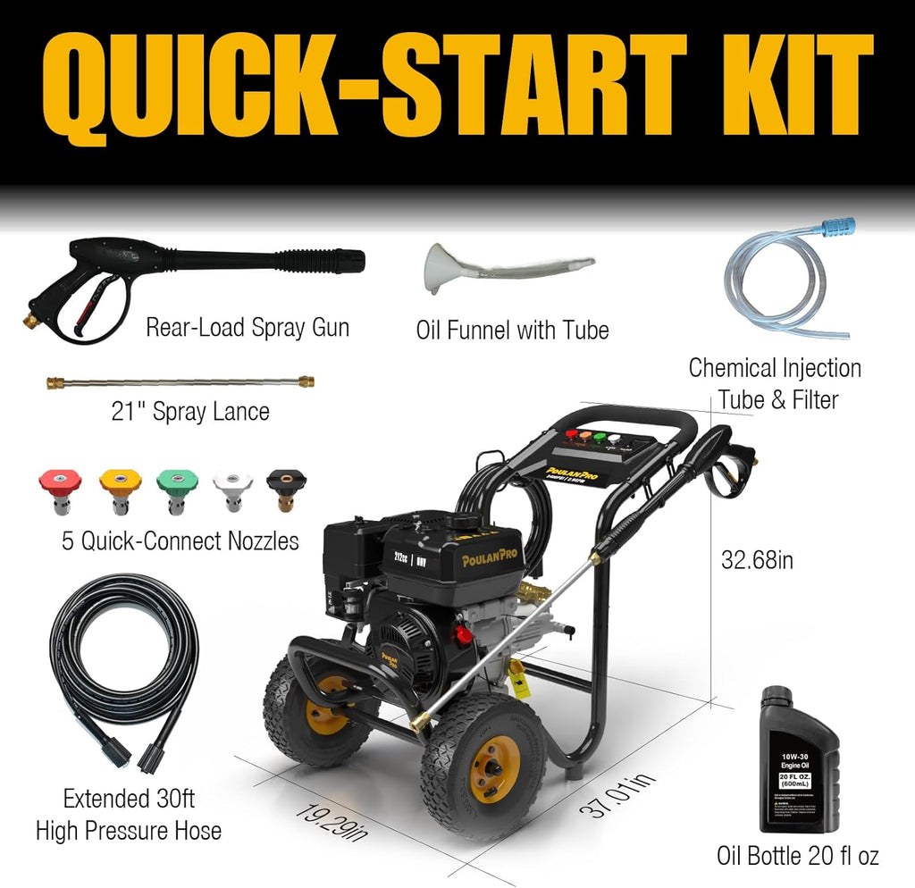 Poulan Pro Gas Pressure Washer 3400 PSI 2.6 GPM 212cc 4-Cycle With 30ft Hose, 21 Inch Lance, 5 Nozzles
