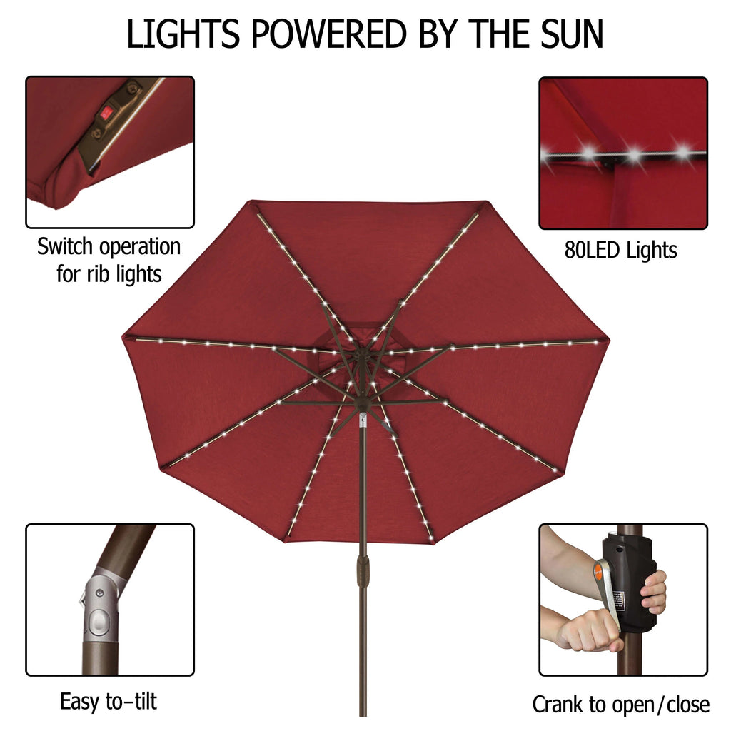 EliteShade 9ft Market Patio Umbrella With 80 LED Lights, Ruby