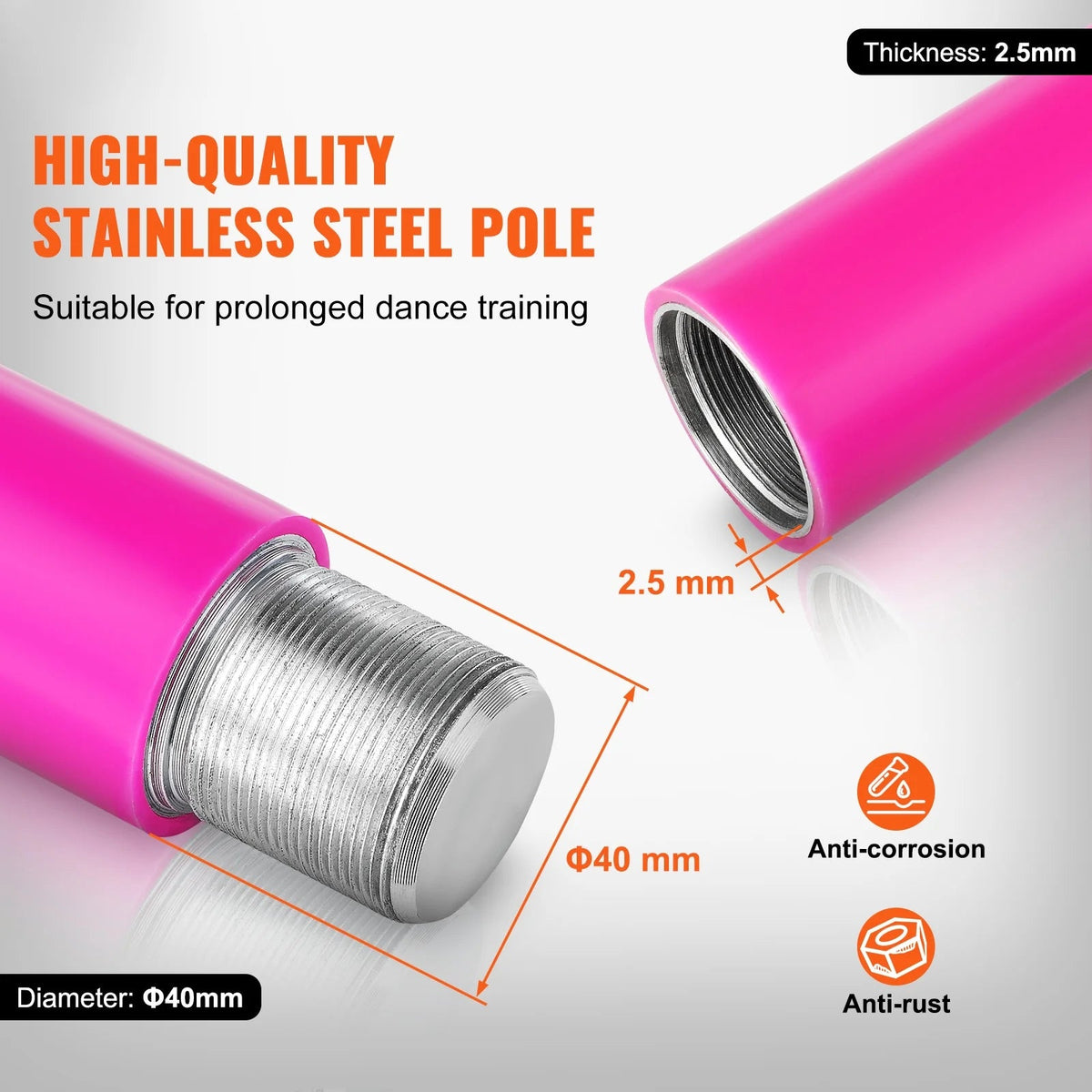 KFFKFF Dance Pole Set, 45mm Stainless Steel, Silver - HM-590S