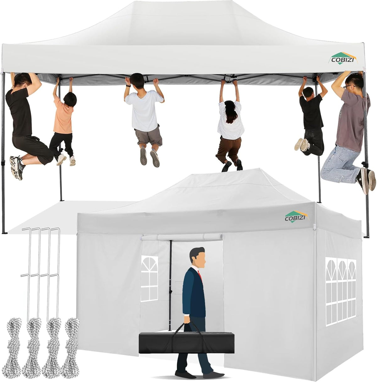 COBIZI Pop-Up Canopy Tent 10x15ft With 4 Sidewalls, White