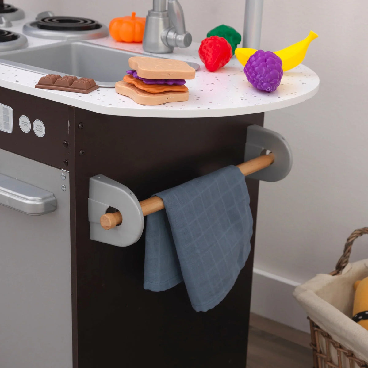 KidKraft Uptown Espresso Wooden Play Kitchen With 30-Piece Play Food Accessories