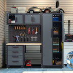 HPDMC 7-Piece Metal Garage Cabinet System With 4-Drawer Roller Cabinet, 47.2 in Workbench And Pegboards