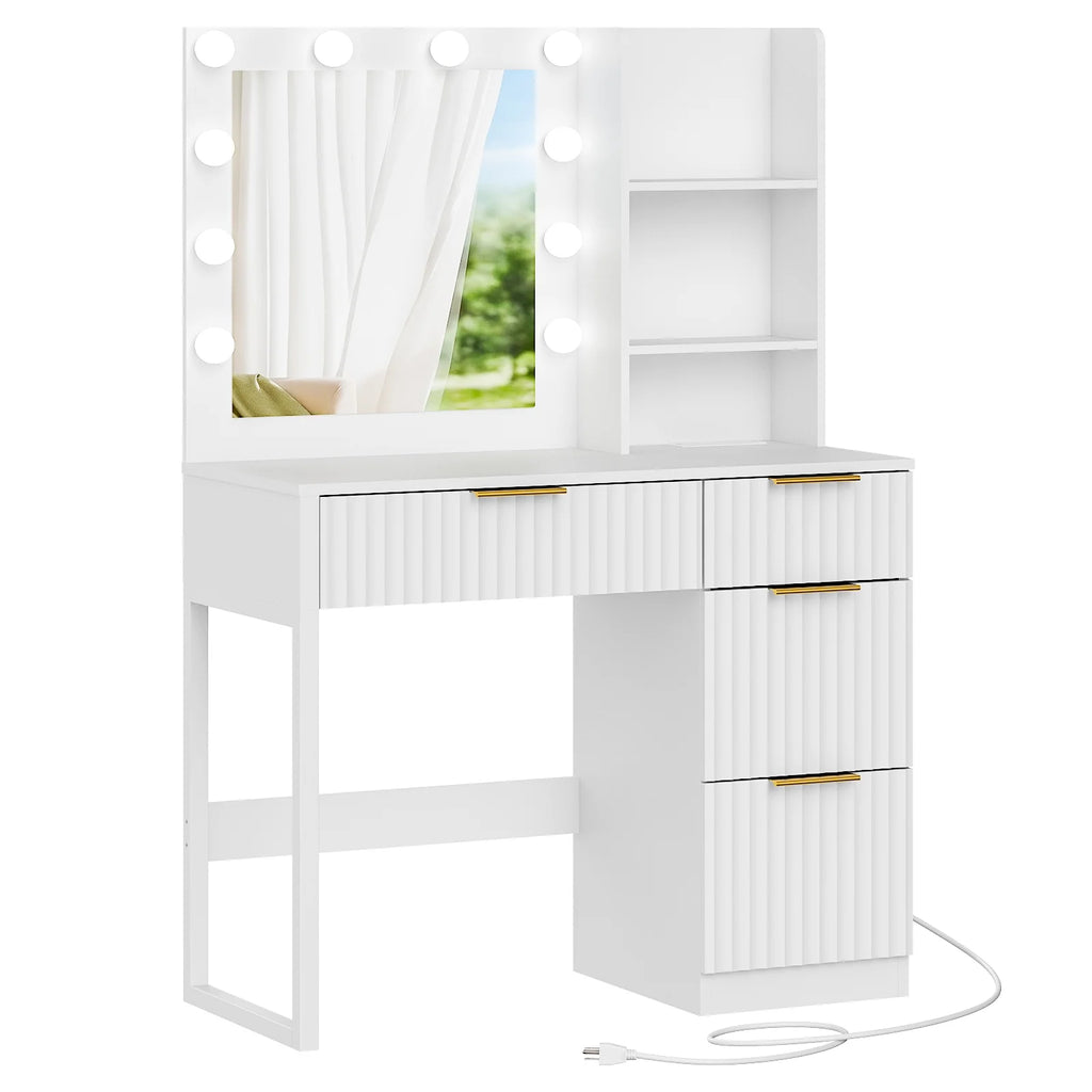 Ktaxon Vanity Makeup Table With Stool, 3-Color Lighted Mirror, 3 Shelves, Drawers, White - 35.43 x 15.55 x 29.53-53.27 in