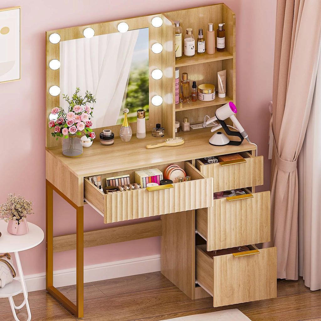 Ktaxon Vanity Makeup Table With Stool, 3-Color Lighted Mirror, 3 Shelves, Drawers, White - 35.43 x 15.55 x 29.53-53.27 in