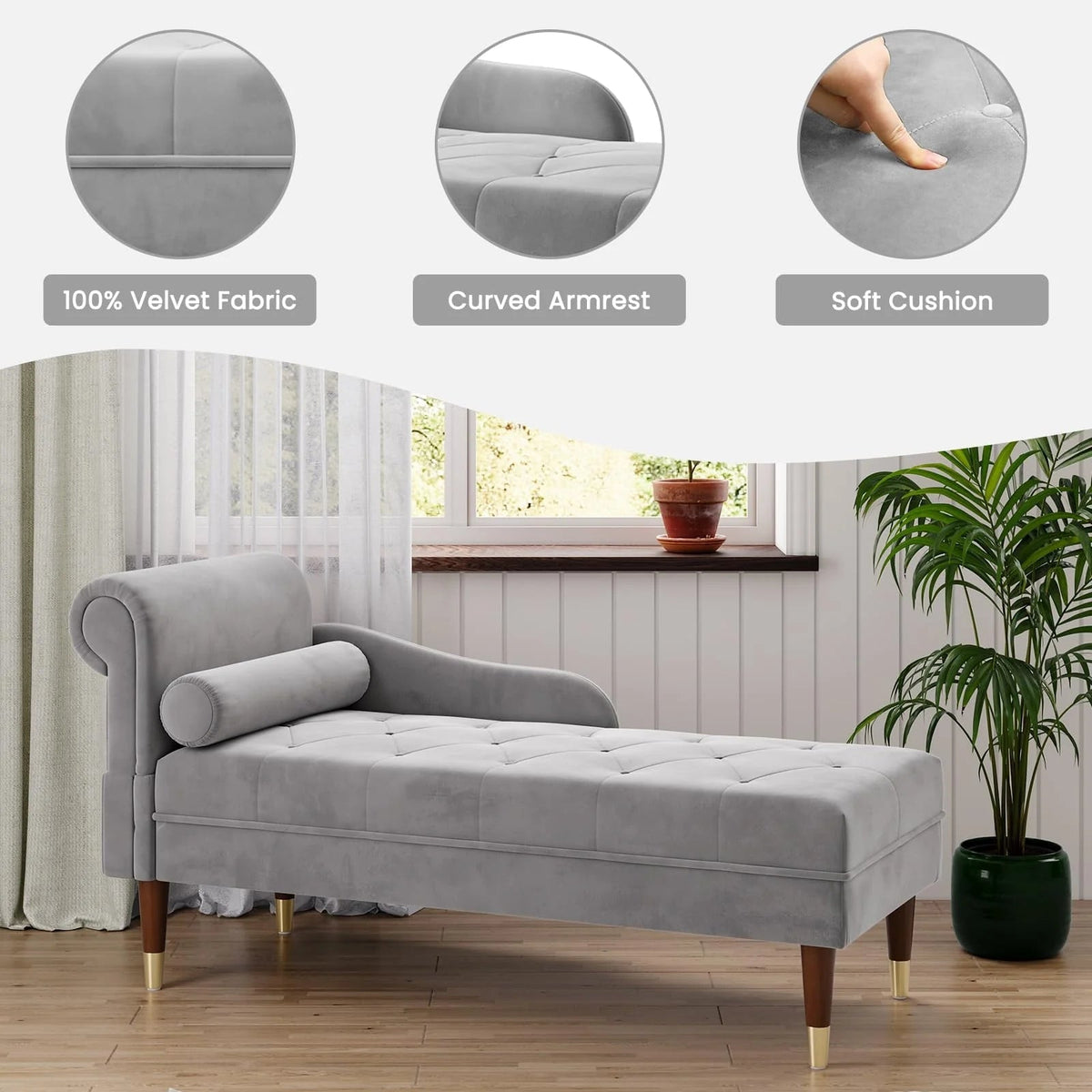 Vesgantti Velvet Chaise Lounge, 59 in, Grey