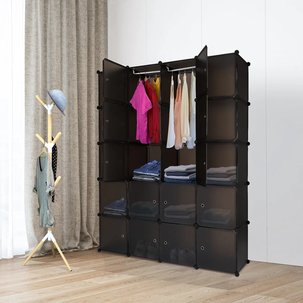 20-Cube Plastic Closet Organizer With Hanging Rod, Brown - 58 x 14.5 x 70 in